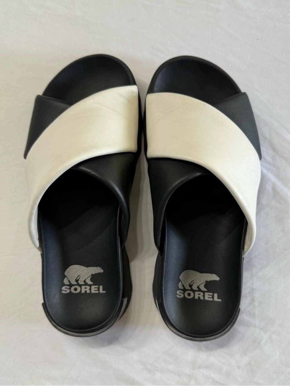Sorel Black and White Slide Sandals